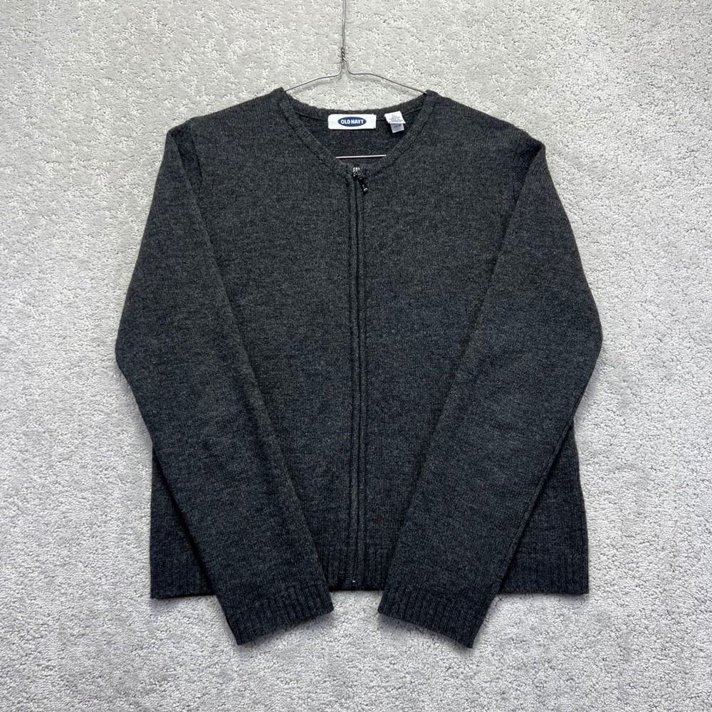VINTAGE 90s Old Navy Sweater Womens L Dark Grey 100% Lambswool Zip Up Cardigan